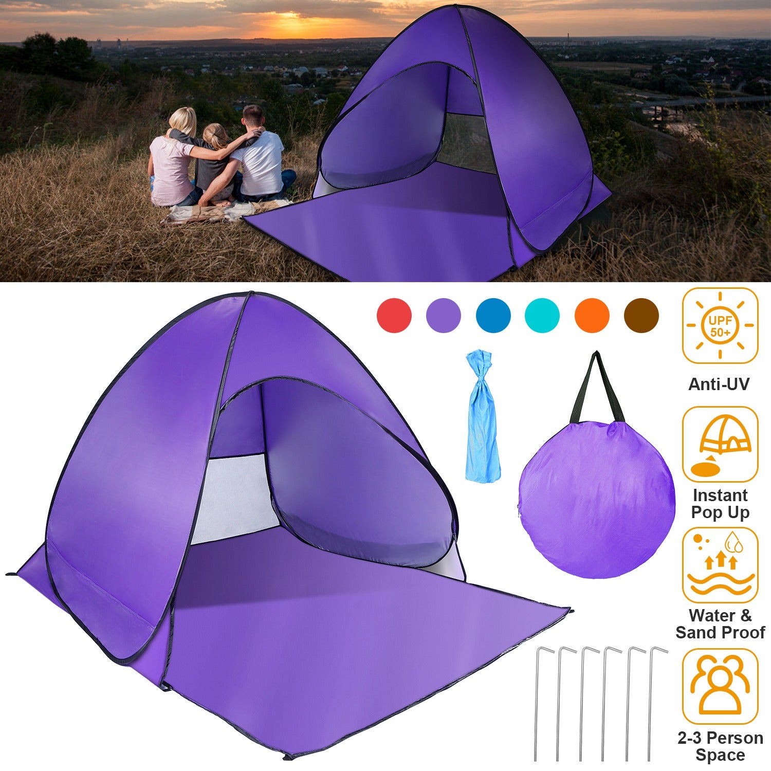Pop Up Beach Tent Sun Shade Shelter Anti-UV Automatic Waterproof Tent Canopy for 2/3 Man w/ Net Window Storage Bag for Outdoor Beach Camping Fishing Park Lake