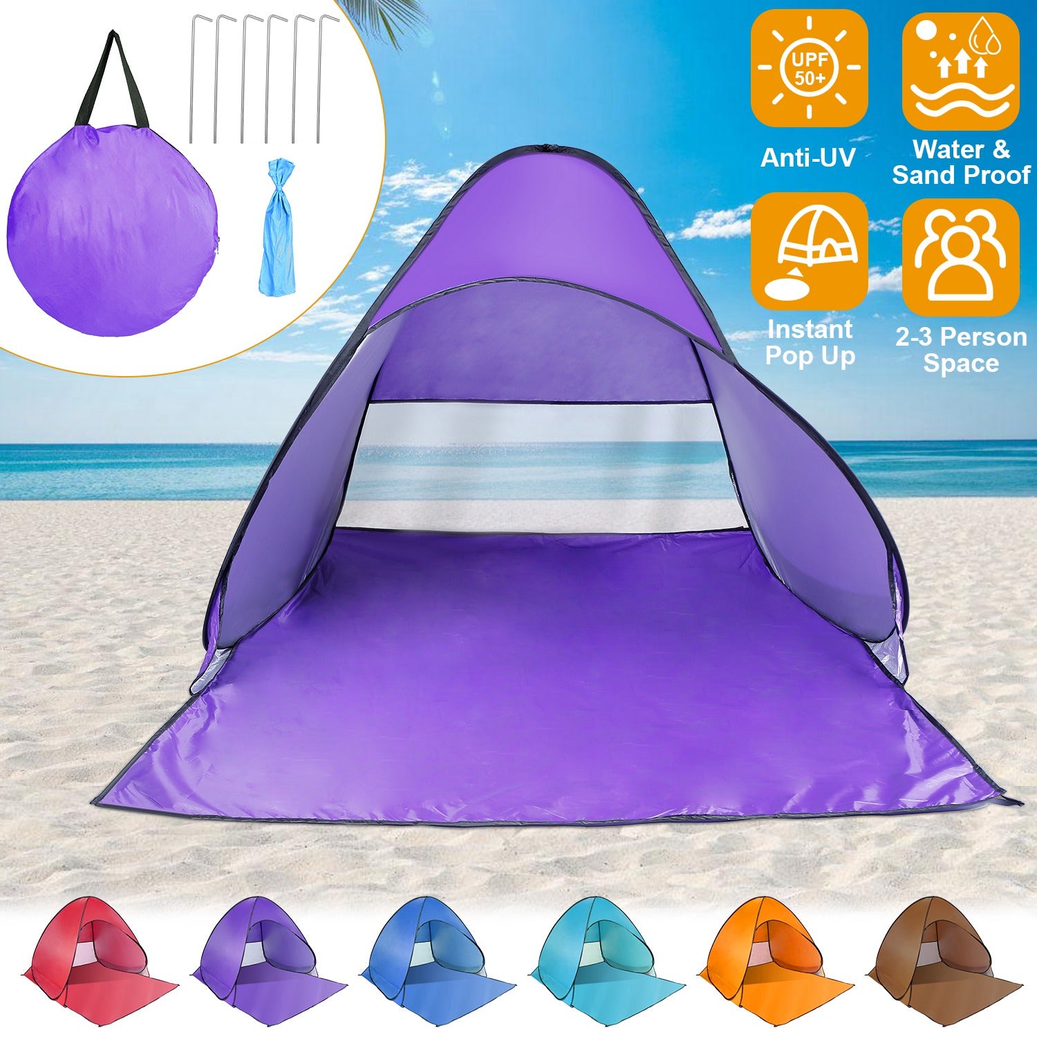 Pop Up Beach Tent Sun Shade Shelter Anti-UV Automatic Waterproof Tent Canopy for 2/3 Man w/ Net Window Storage Bag for Outdoor Beach Camping Fishing Park Lake