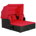 Red Rattan Daybed Lounge W/ Retractable Top Canopy Side Tables Cushions