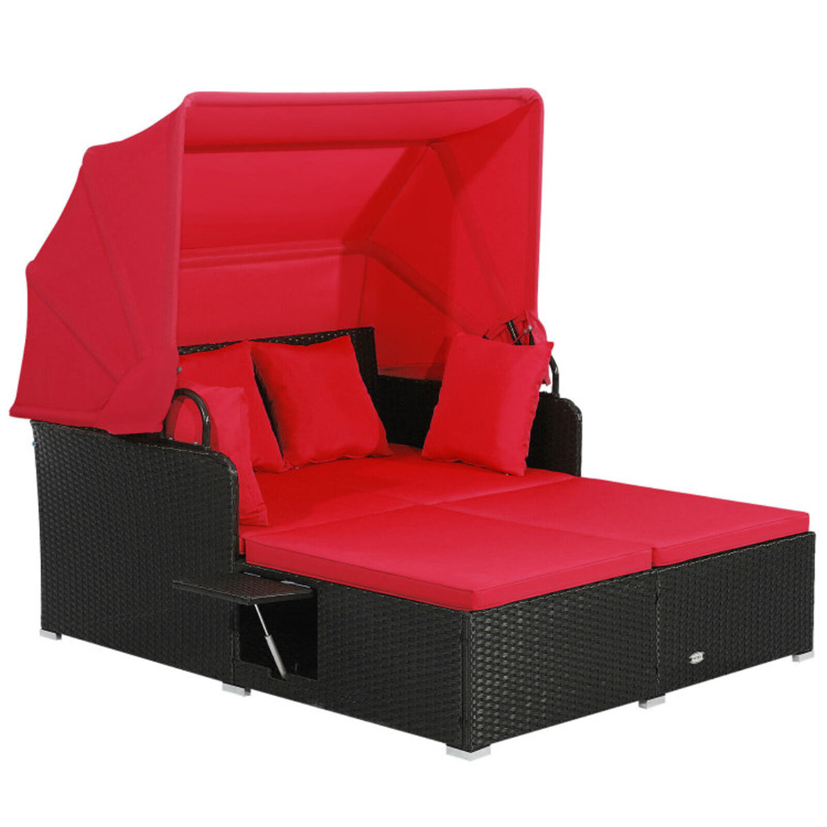 Red Rattan Daybed Lounge W/ Retractable Top Canopy Side Tables Cushions