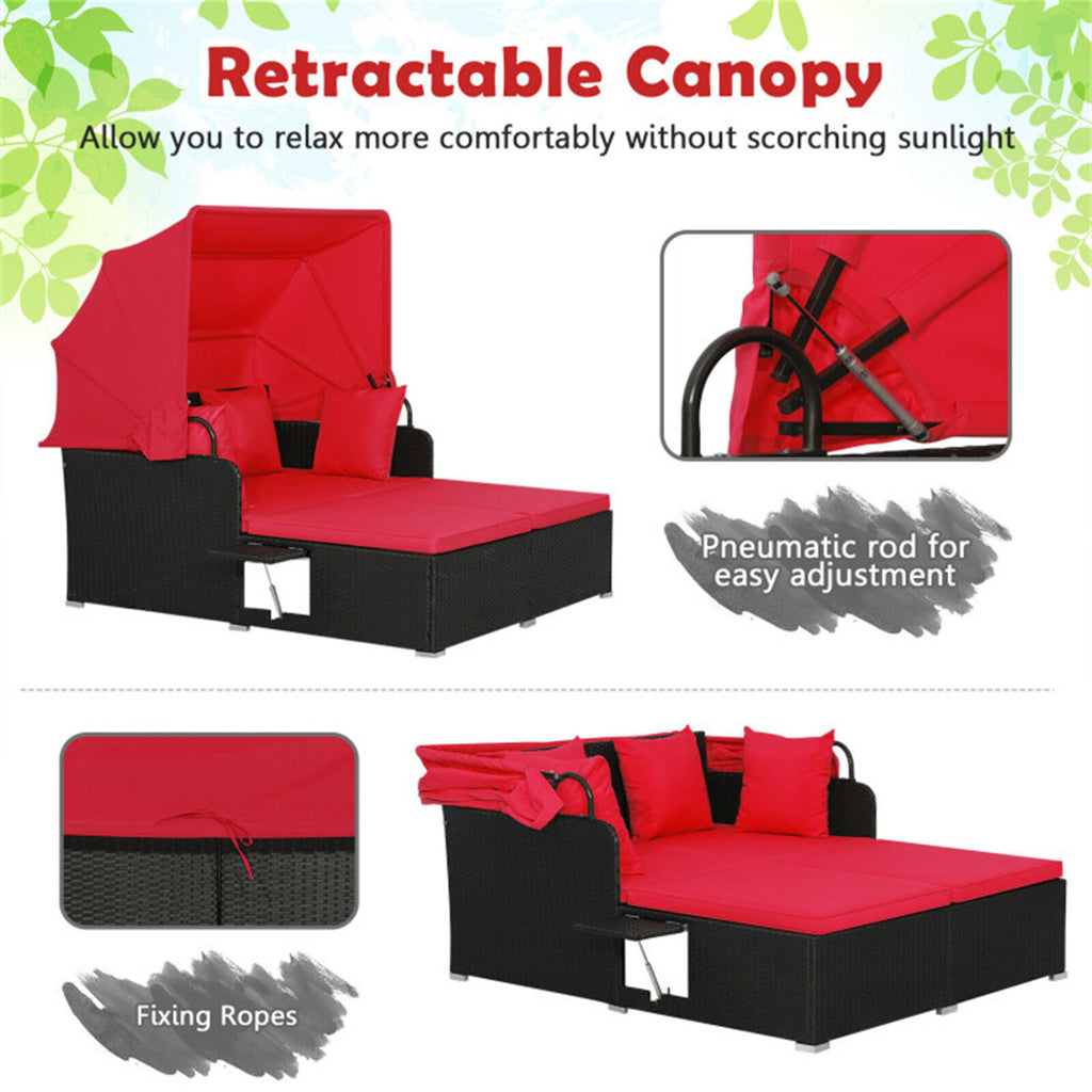 Red Rattan Daybed Lounge W/ Retractable Top Canopy Side Tables Cushions
