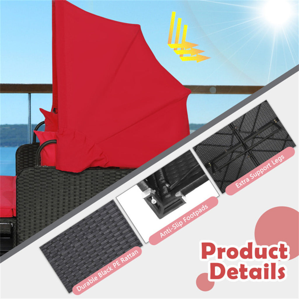 Red Rattan Daybed Lounge W/ Retractable Top Canopy Side Tables Cushions