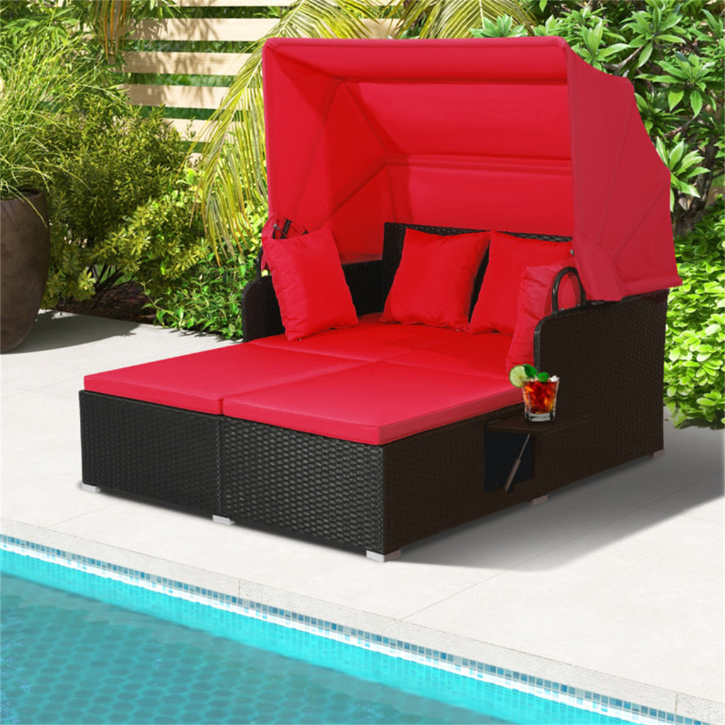 Red Rattan Daybed Lounge W/ Retractable Top Canopy Side Tables Cushions