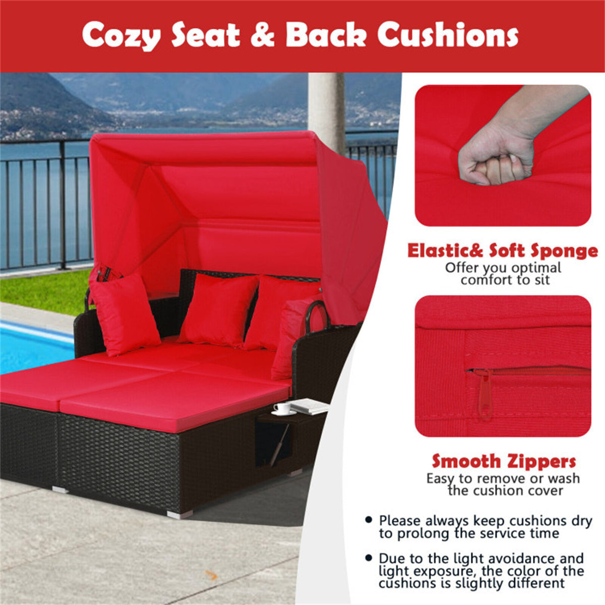Red Rattan Daybed Lounge W/ Retractable Top Canopy Side Tables Cushions