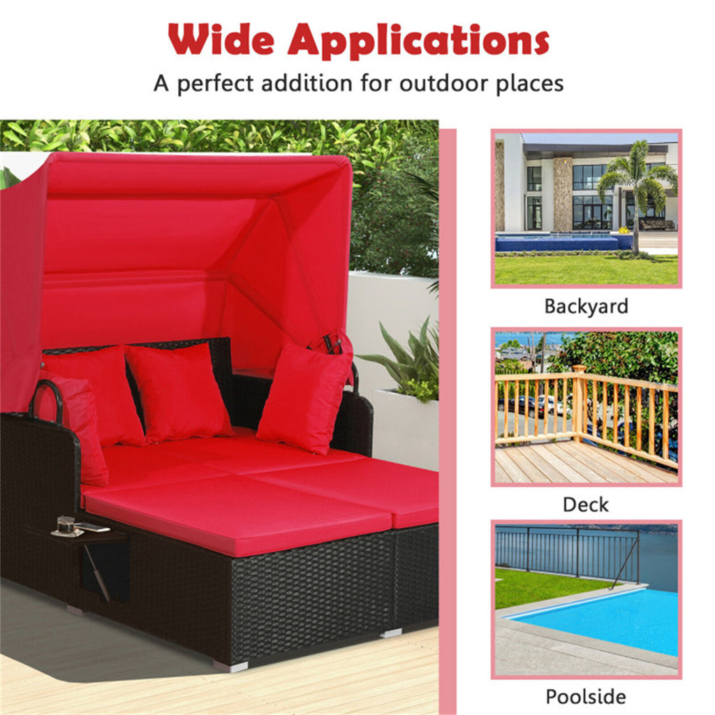 Red Rattan Daybed Lounge W/ Retractable Top Canopy Side Tables Cushions