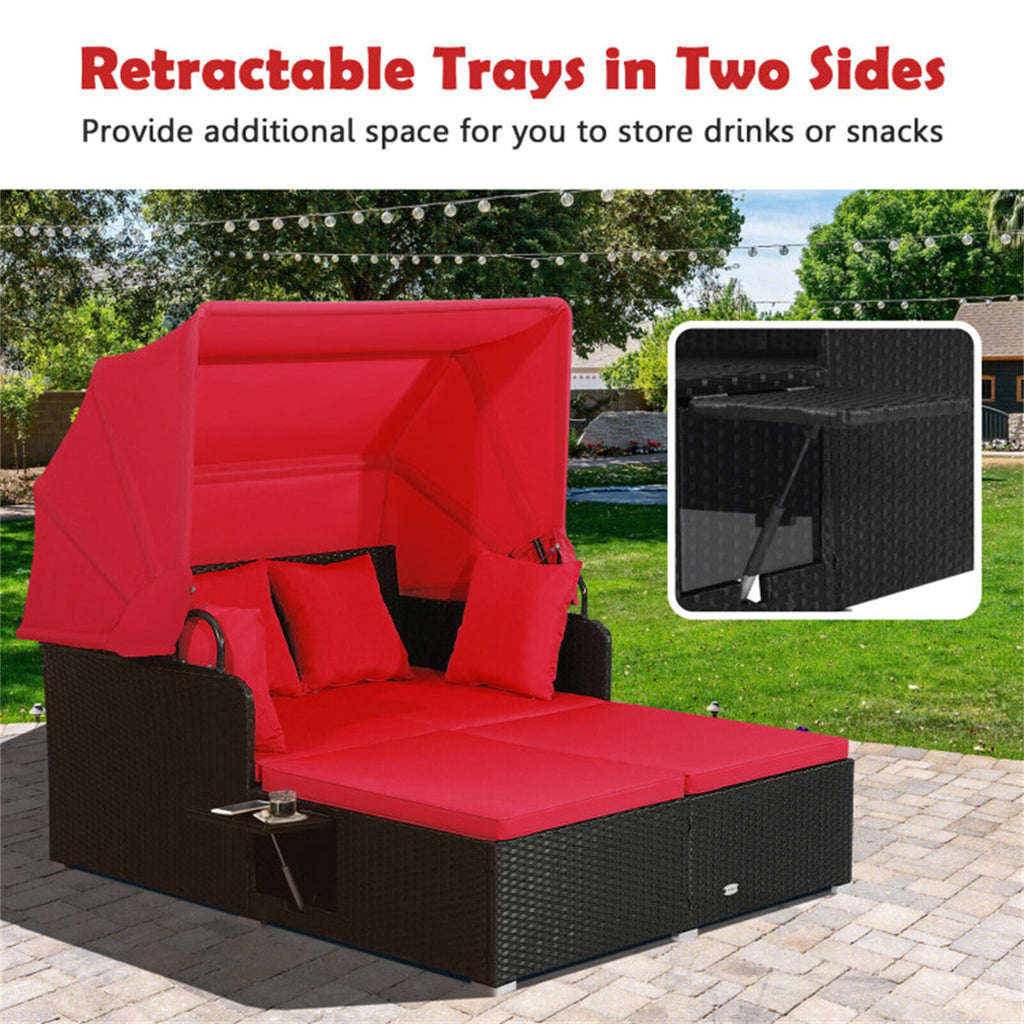 Red Rattan Daybed Lounge W/ Retractable Top Canopy Side Tables Cushions
