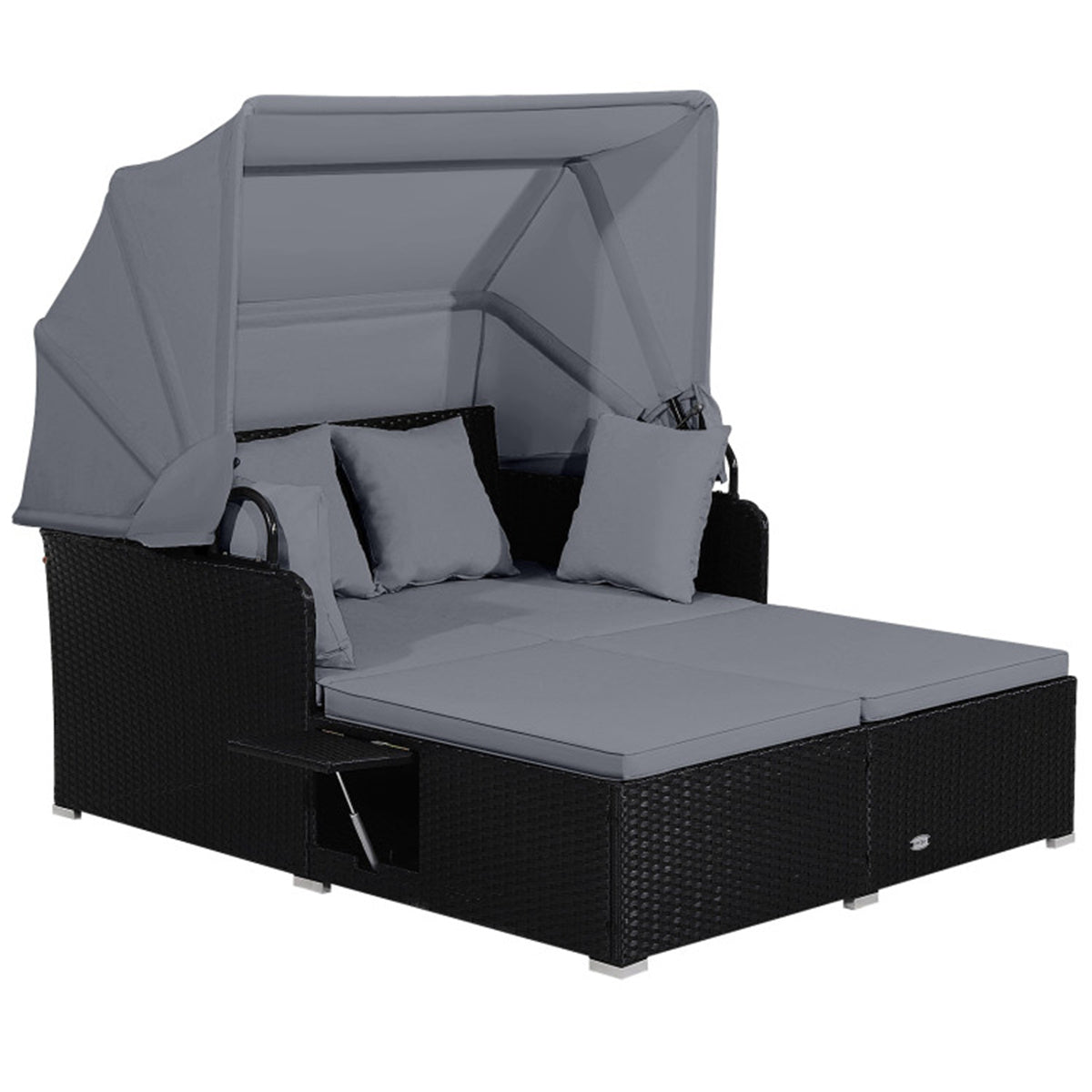 Gray  Rattan Daybed Lounge W/ Retractable Top Canopy Side Tables Cushions