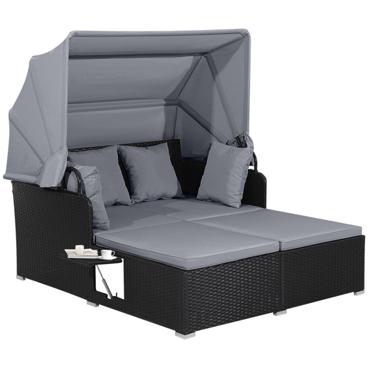 Gray  Rattan Daybed Lounge W/ Retractable Top Canopy Side Tables Cushions