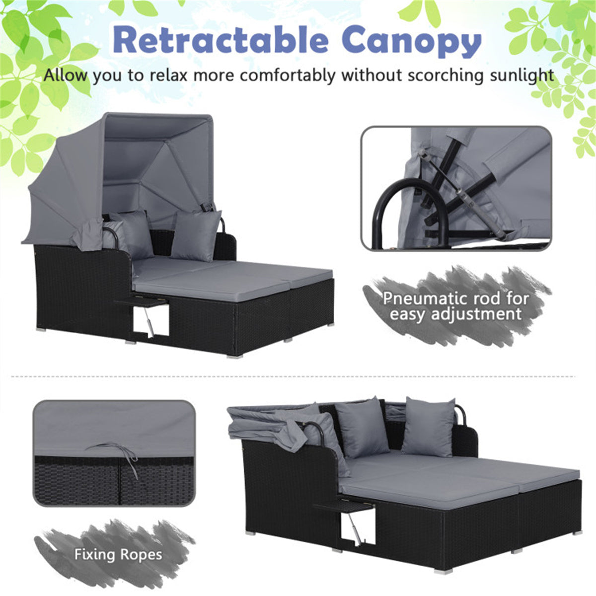 Gray  Rattan Daybed Lounge W/ Retractable Top Canopy Side Tables Cushions