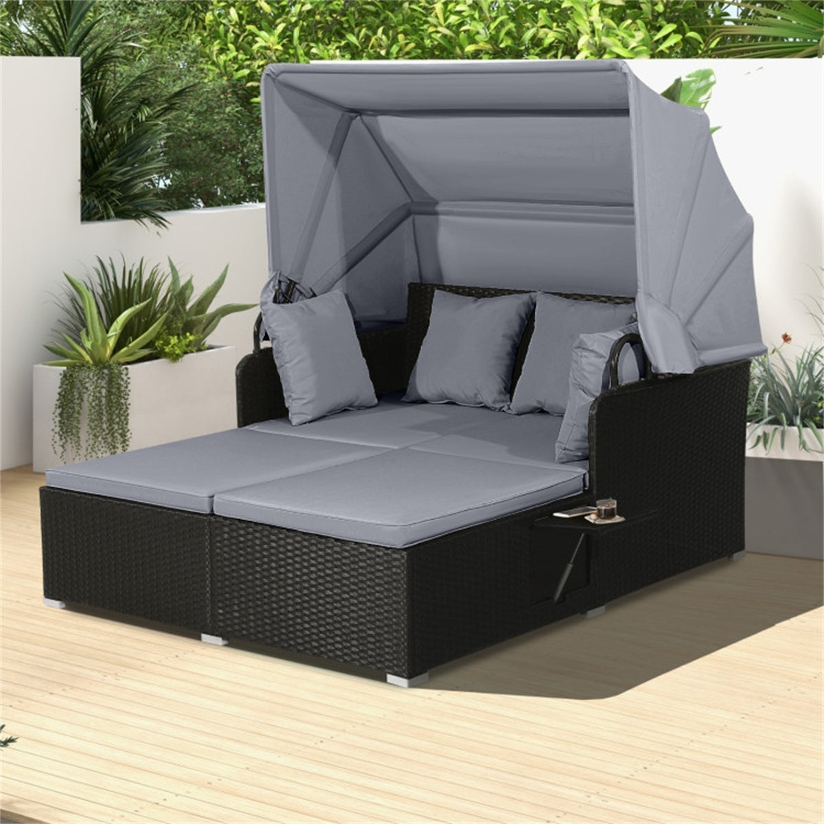 Gray  Rattan Daybed Lounge W/ Retractable Top Canopy Side Tables Cushions