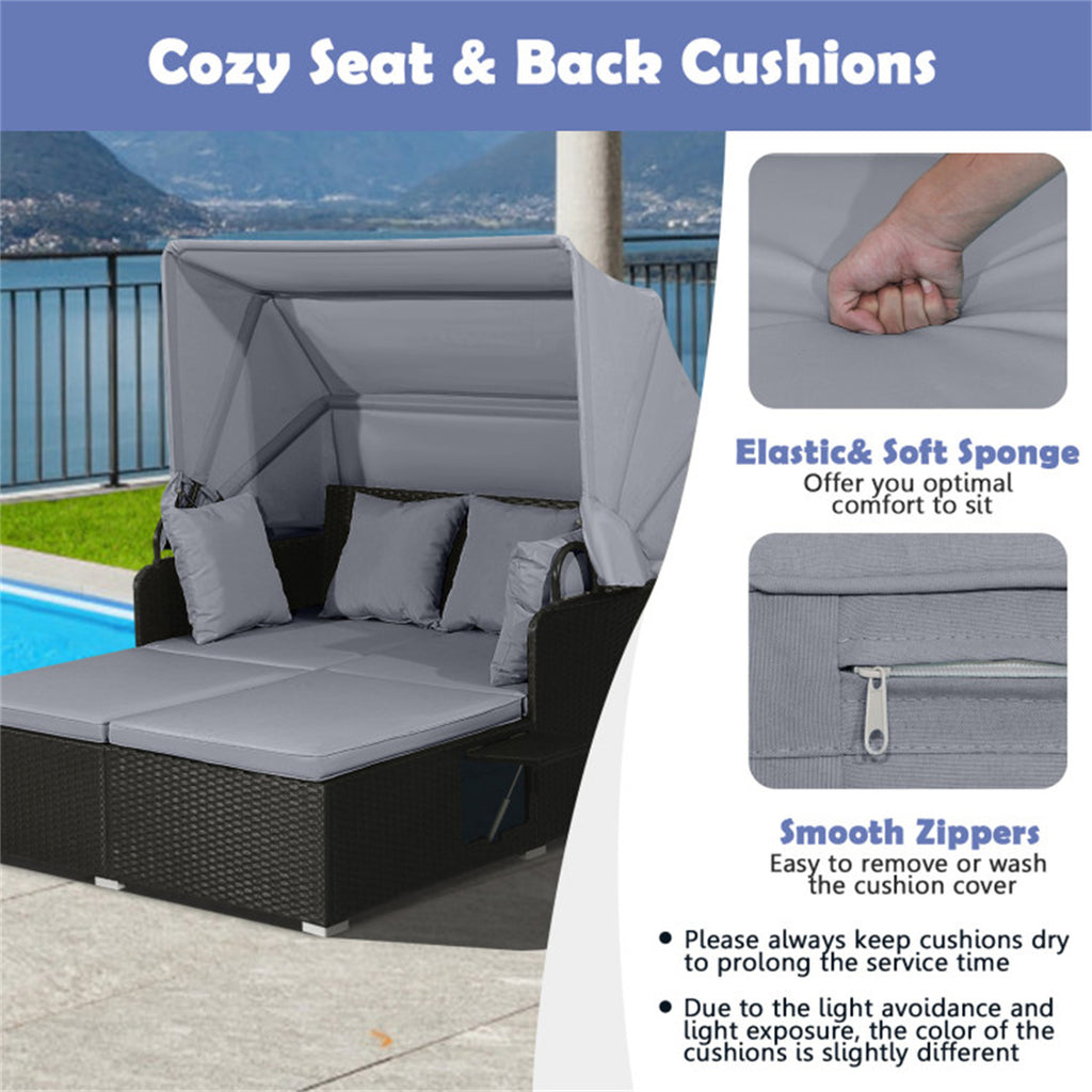 Gray  Rattan Daybed Lounge W/ Retractable Top Canopy Side Tables Cushions