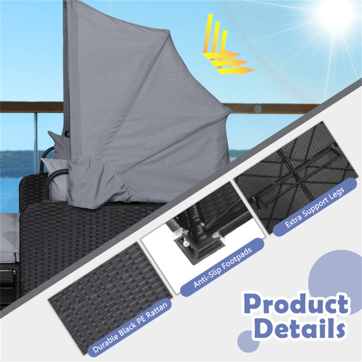 Gray  Rattan Daybed Lounge W/ Retractable Top Canopy Side Tables Cushions