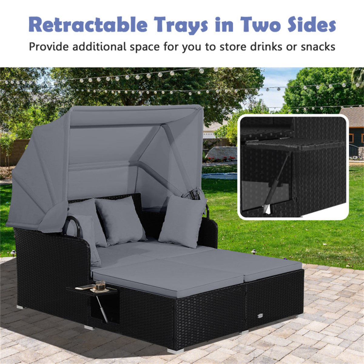 Gray  Rattan Daybed Lounge W/ Retractable Top Canopy Side Tables Cushions