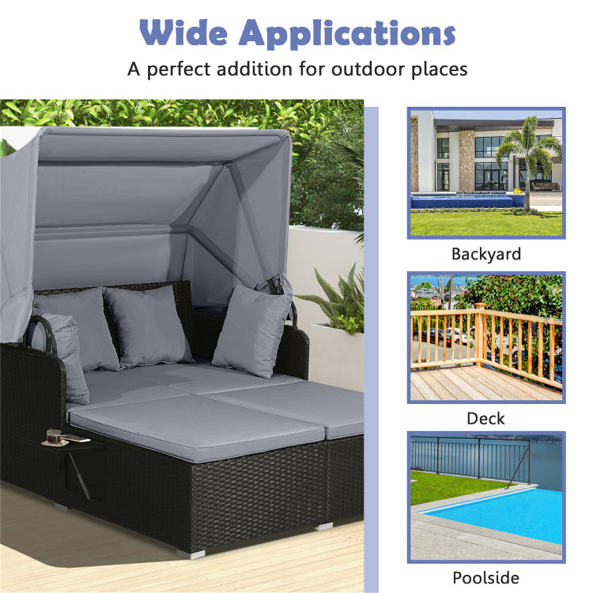 Gray  Rattan Daybed Lounge W/ Retractable Top Canopy Side Tables Cushions