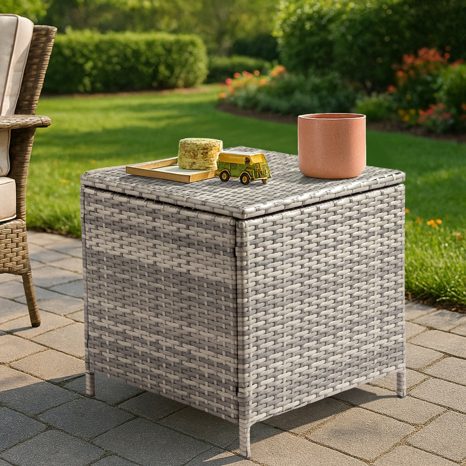 Outdoor PE Wicker Side Table with Storage, Patio Rattan End Table Square Container for Furniture Covers, Toys and Gardening Tools, Grey