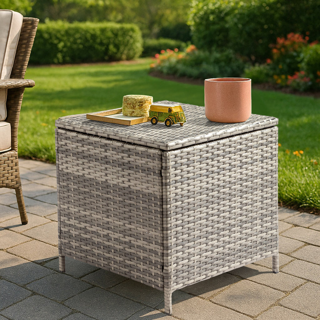 Outdoor PE Wicker Side Table with Storage, Patio Rattan End Table Square Container for Furniture Covers, Toys and Gardening Tools, Grey