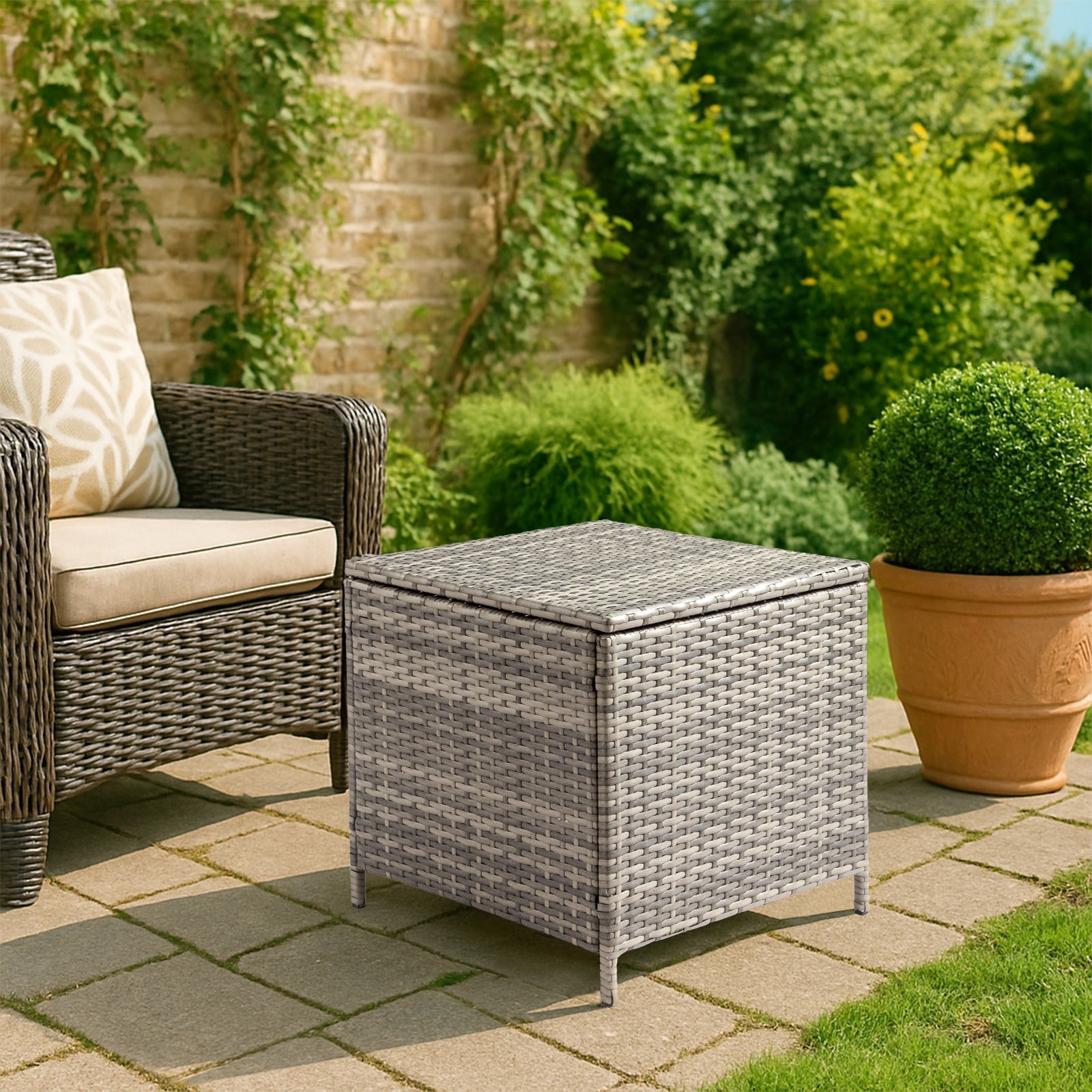 Outdoor PE Wicker Side Table with Storage, Patio Rattan End Table Square Container for Furniture Covers, Toys and Gardening Tools, Grey