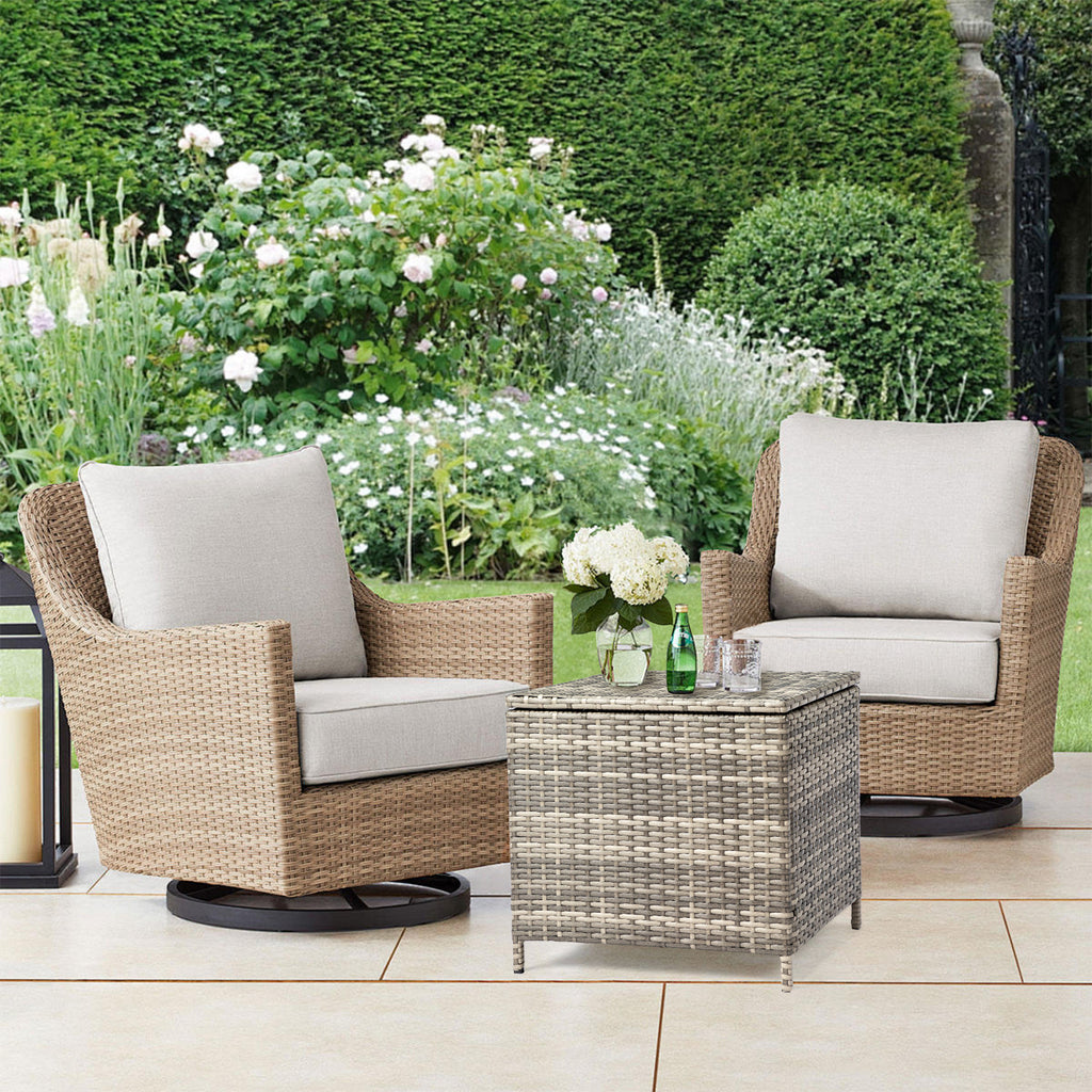 Outdoor PE Wicker Side Table with Storage, Patio Rattan End Table Square Container for Furniture Covers, Toys and Gardening Tools, Grey