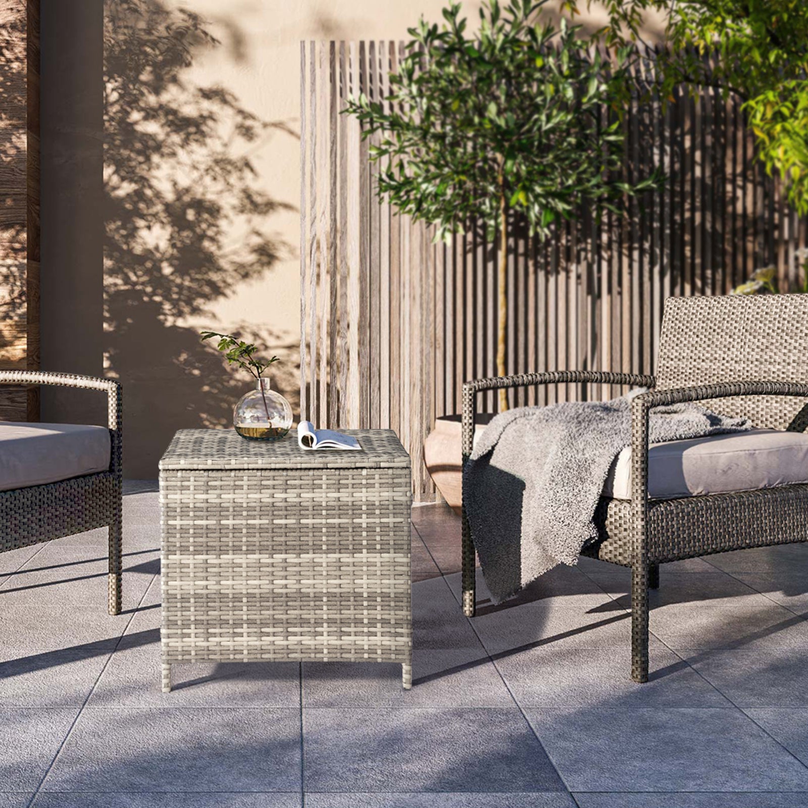 Outdoor PE Wicker Side Table with Storage, Patio Rattan End Table Square Container for Furniture Covers, Toys and Gardening Tools, Grey