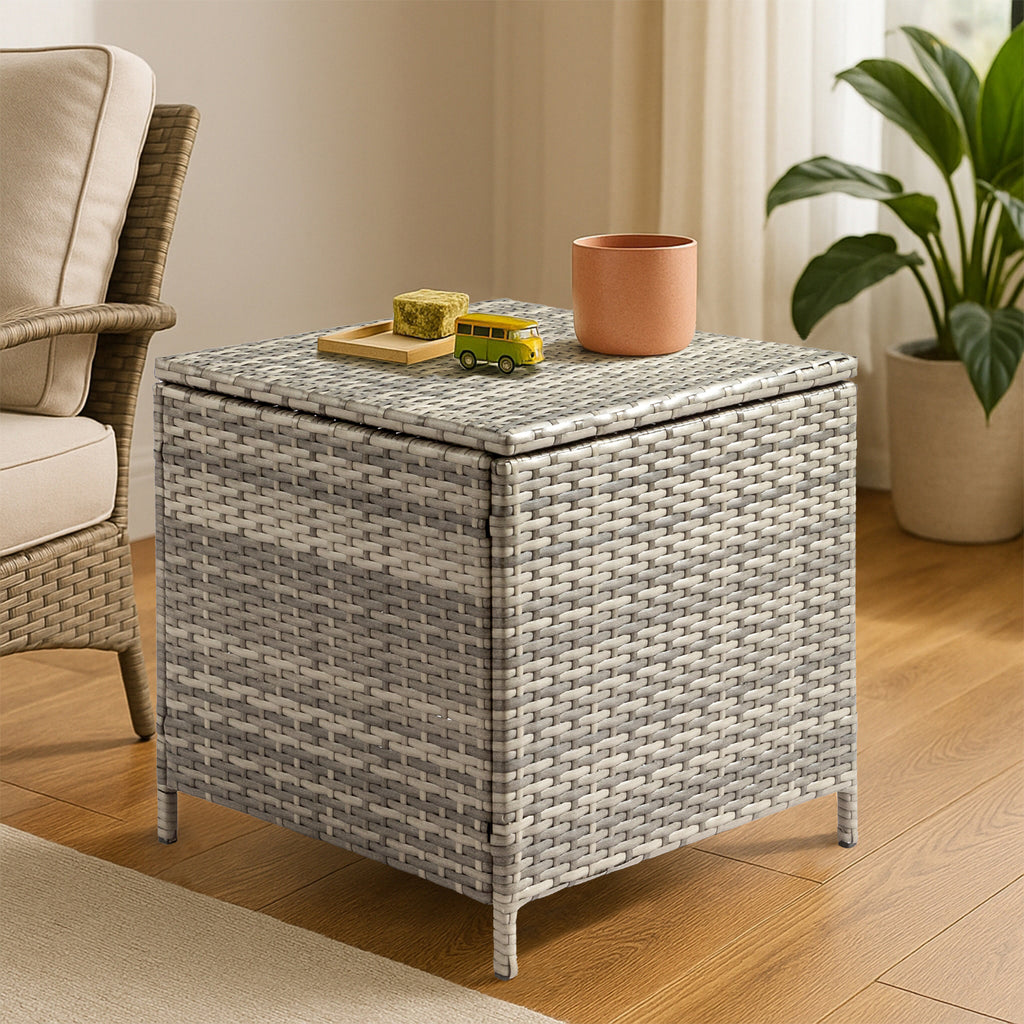 Outdoor PE Wicker Side Table with Storage, Patio Rattan End Table Square Container for Furniture Covers, Toys and Gardening Tools, Grey
