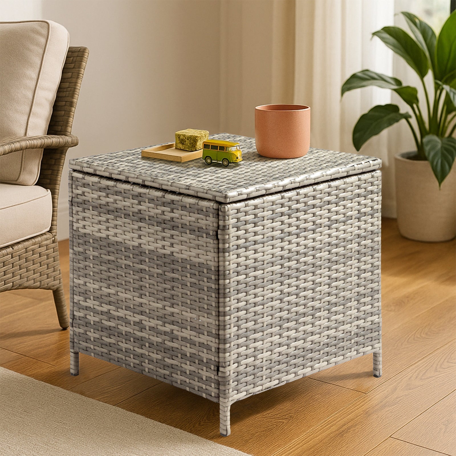 Outdoor PE Wicker Side Table with Storage, Patio Rattan End Table Square Container for Furniture Covers, Toys and Gardening Tools, Grey