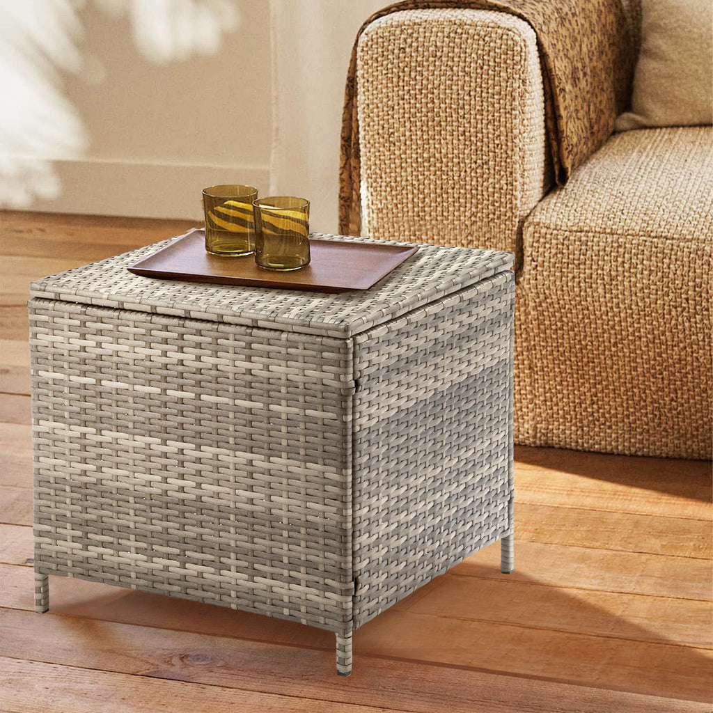Outdoor PE Wicker Side Table with Storage, Patio Rattan End Table Square Container for Furniture Covers, Toys and Gardening Tools, Grey