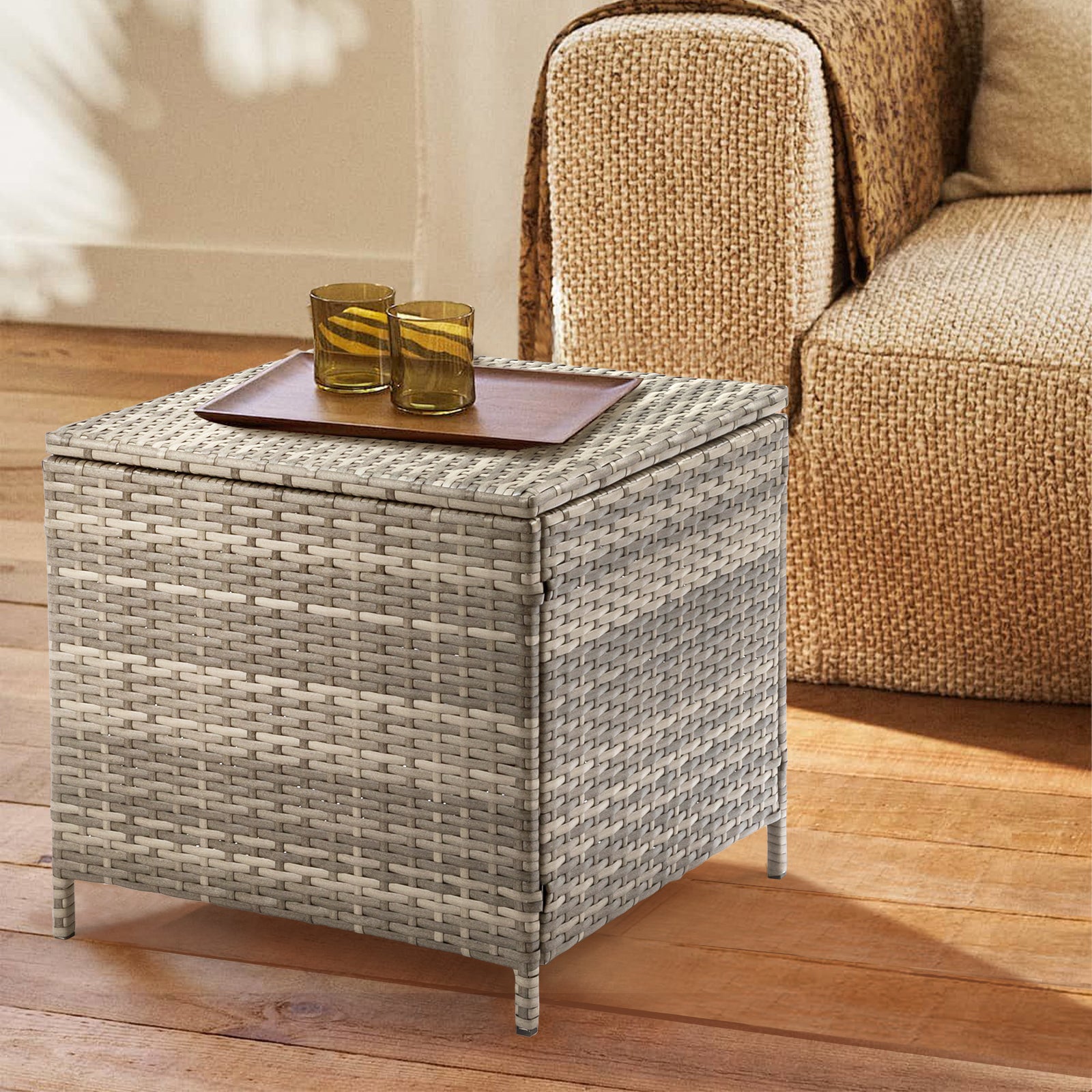 Outdoor PE Wicker Side Table with Storage, Patio Rattan End Table Square Container for Furniture Covers, Toys and Gardening Tools, Grey