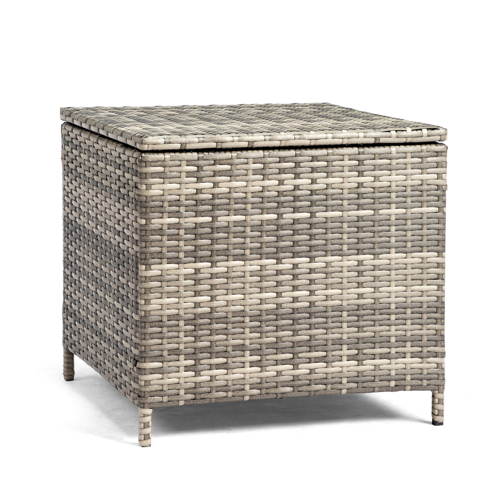 Outdoor PE Wicker Side Table with Storage, Patio Rattan End Table Square Container for Furniture Covers, Toys and Gardening Tools, Grey