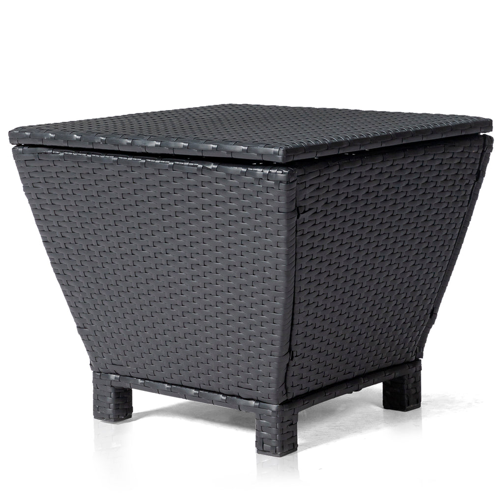 Outdoor PE Wicker Side Table with Storage, Small Patio Storage Bin Container for Hose Cushion Towel, Black