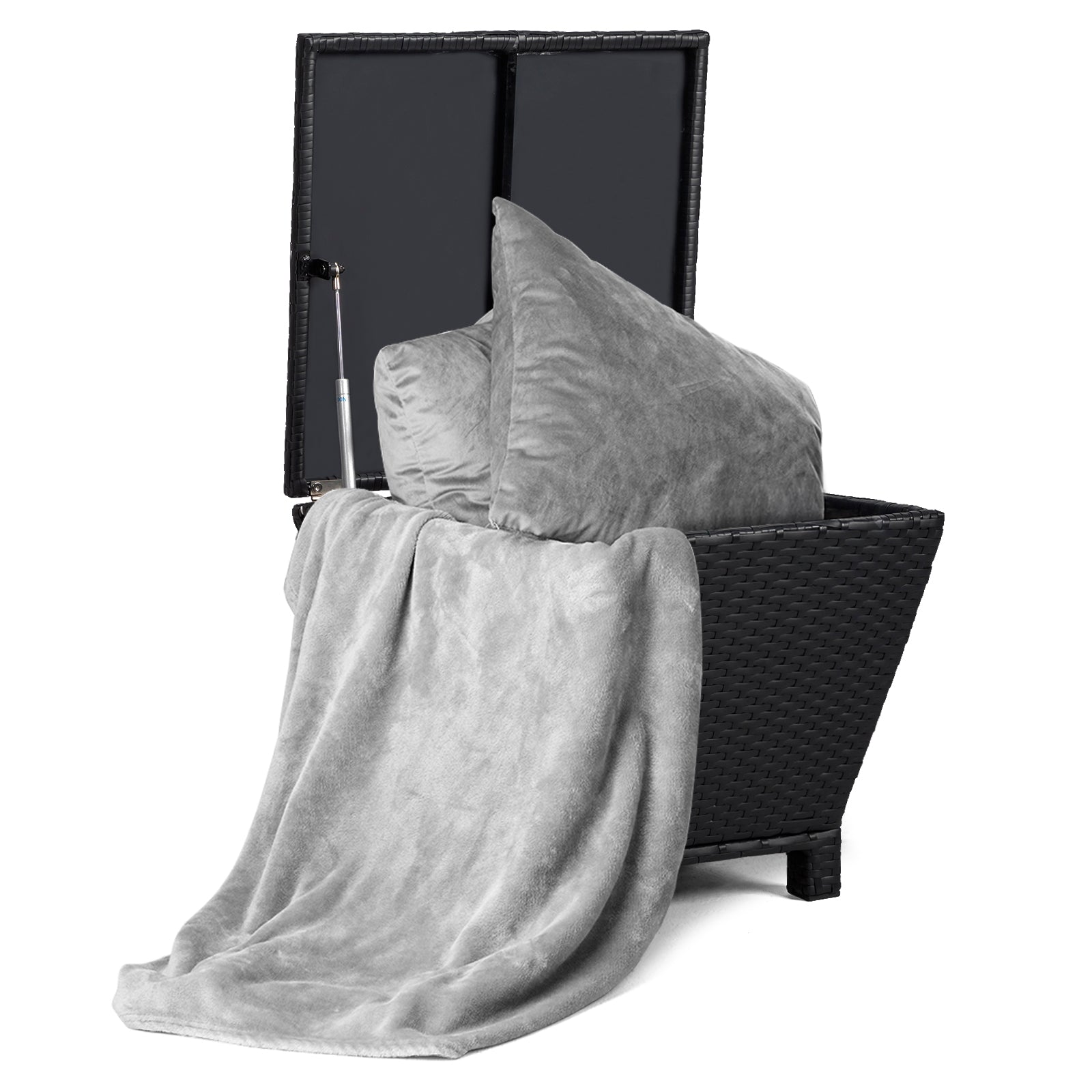 Outdoor PE Wicker Side Table with Storage, Small Patio Storage Bin Container for Hose Cushion Towel, Black