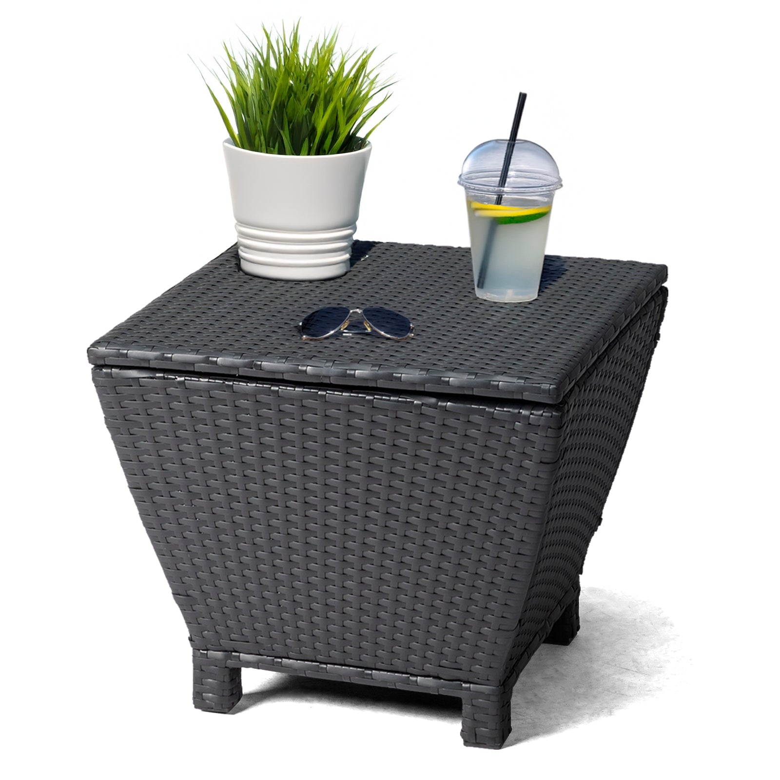 Outdoor PE Wicker Side Table with Storage, Small Patio Storage Bin Container for Hose Cushion Towel, Black