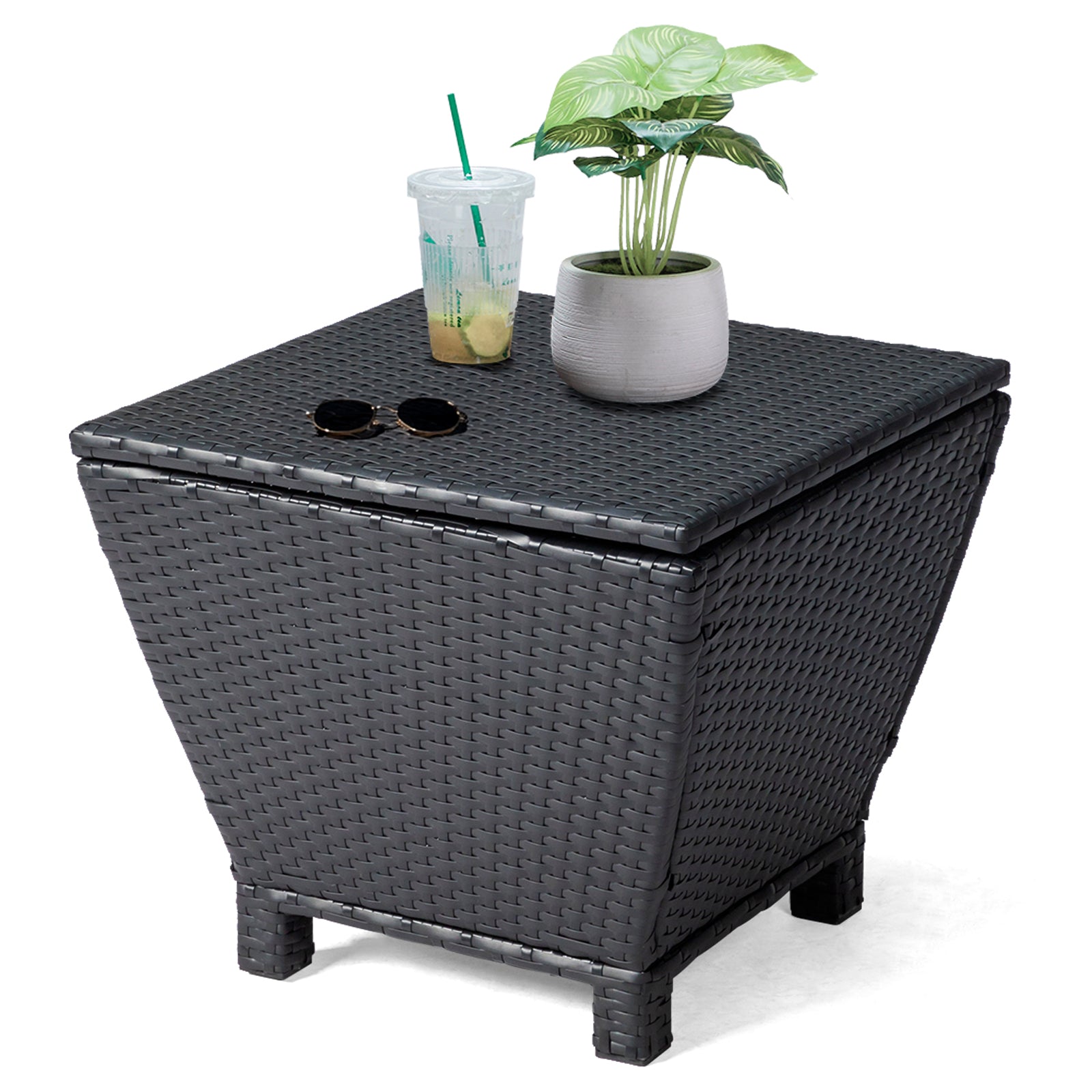 Outdoor PE Wicker Side Table with Storage, Small Patio Storage Bin Container for Hose Cushion Towel, Black