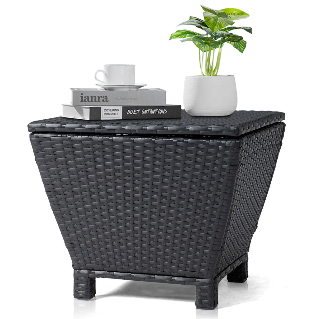 Outdoor PE Wicker Side Table with Storage, Small Patio Storage Bin Container for Hose Cushion Towel, Black