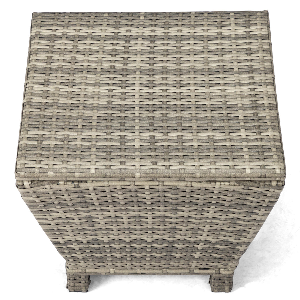 Outdoor PE Wicker Side Table with Storage, Small Patio Storage Bin Container for Hose Cushion Towel, Grey