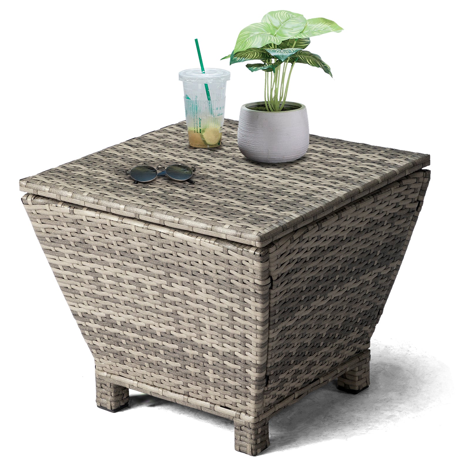 Outdoor PE Wicker Side Table with Storage, Small Patio Storage Bin Container for Hose Cushion Towel, Grey