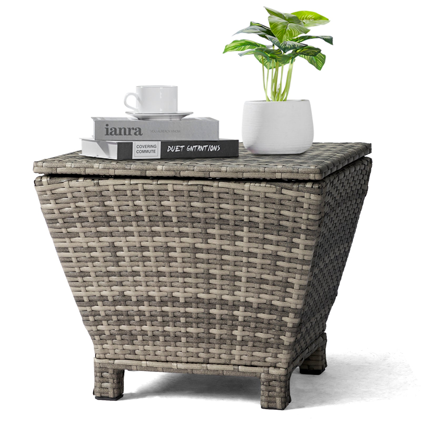 Outdoor PE Wicker Side Table with Storage, Small Patio Storage Bin Container for Hose Cushion Towel, Grey