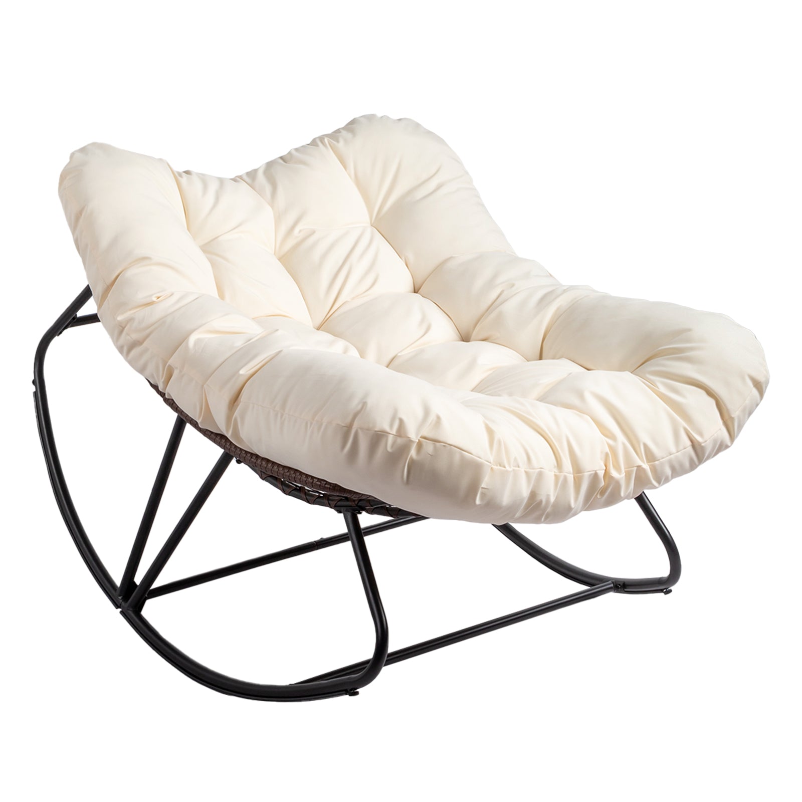 Oversized Rattan Papasan Chair, Outdoor Steel Wicker Rocking Seating with Thick Padded Cushion for Patio, Living Room, Backyard, Porch(Brown Wicker & Beige Cushion)