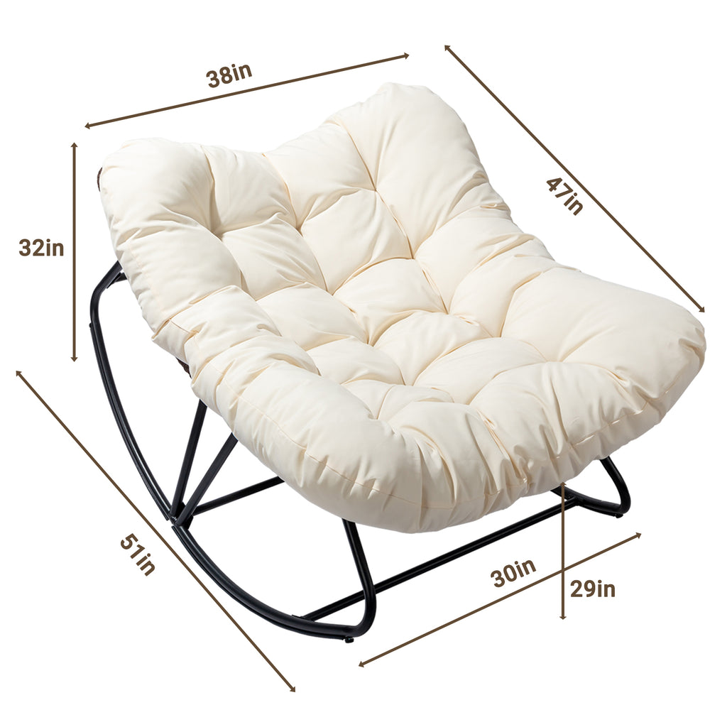 Oversized Rattan Papasan Chair, Outdoor Steel Wicker Rocking Seating with Thick Padded Cushion for Patio, Living Room, Backyard, Porch(Brown Wicker & Beige Cushion)