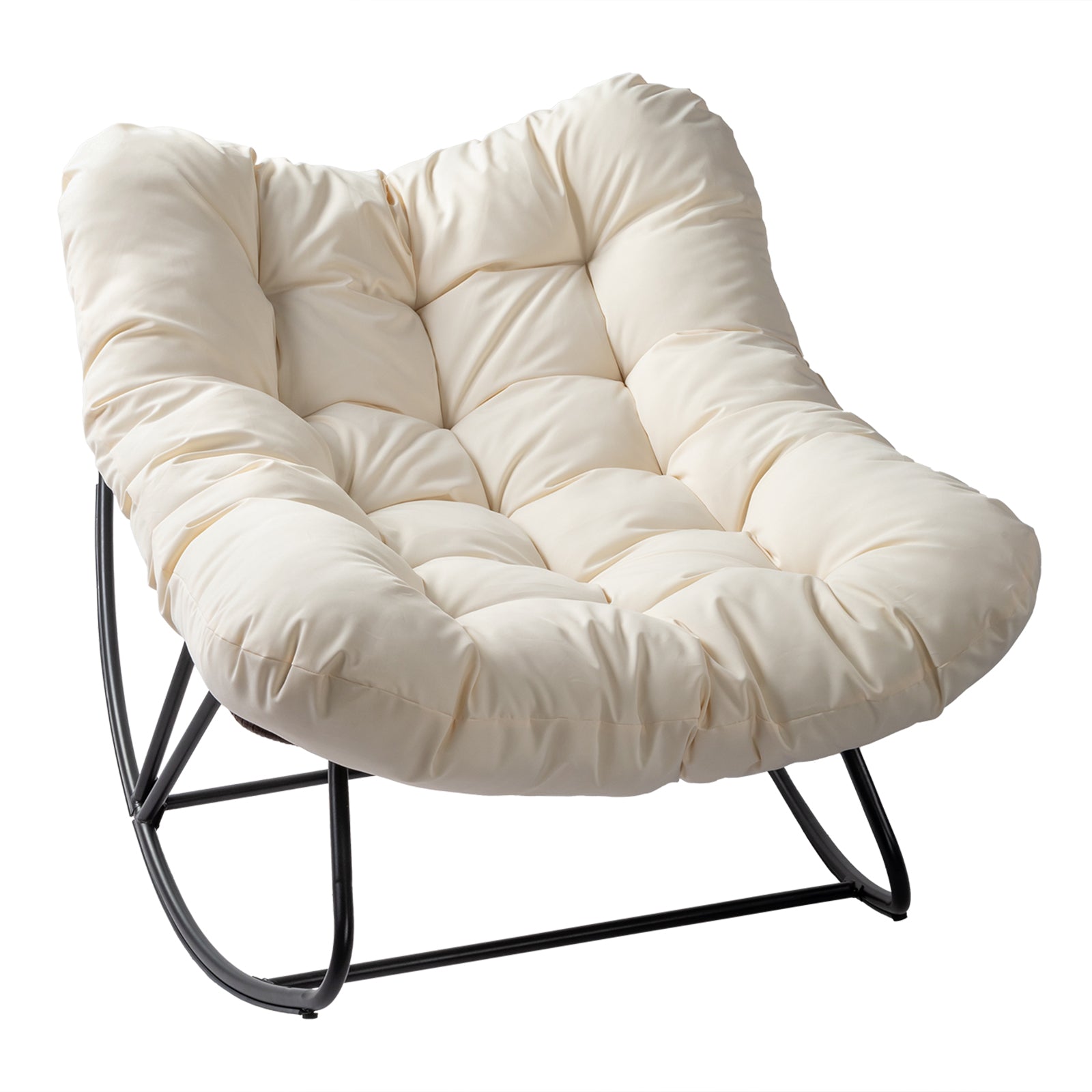 Oversized Rattan Papasan Chair, Outdoor Steel Wicker Rocking Seating with Thick Padded Cushion for Patio, Living Room, Backyard, Porch(Brown Wicker & Beige Cushion)