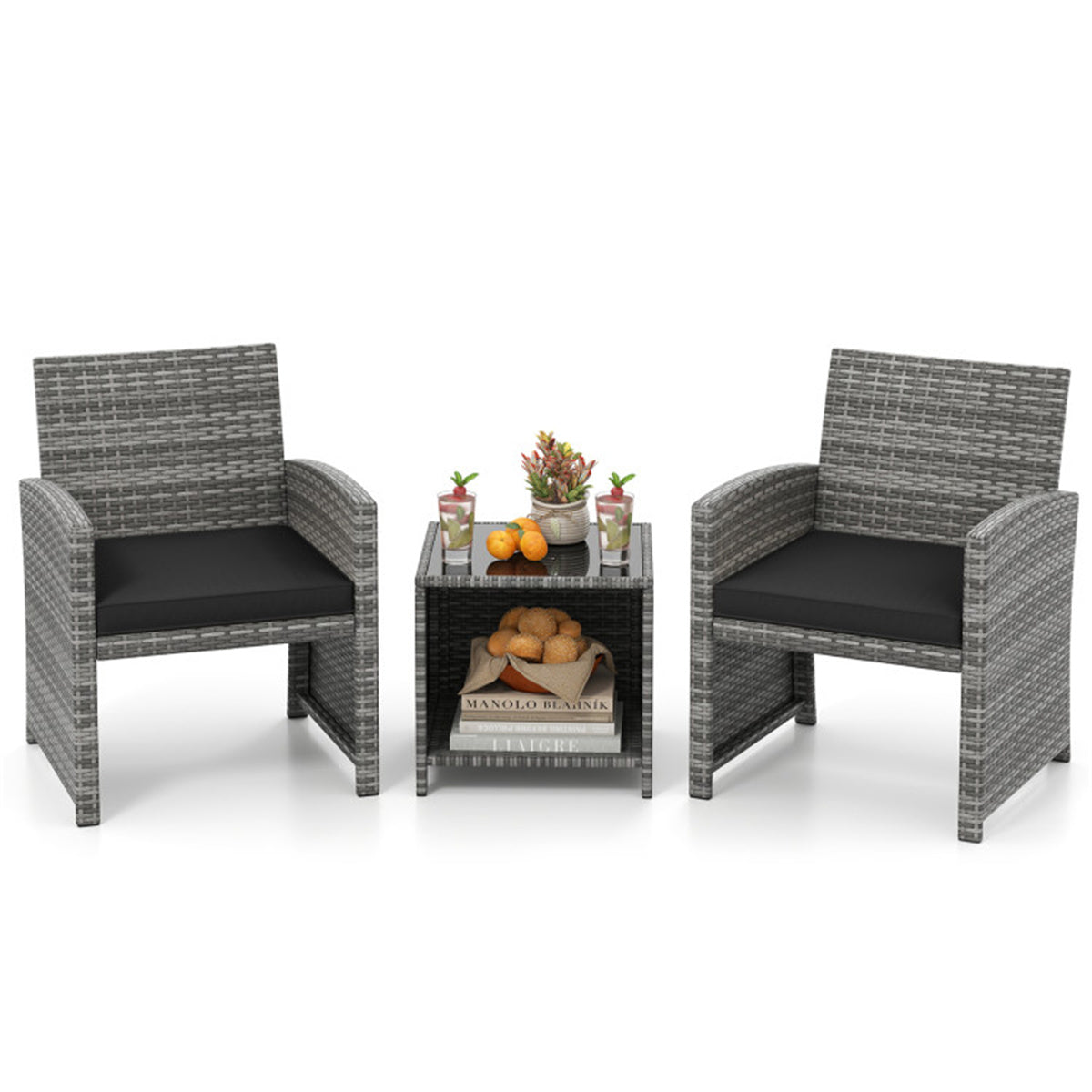 Black 3 Pieces Patio Furniture Set with Tempered Glass Coffee