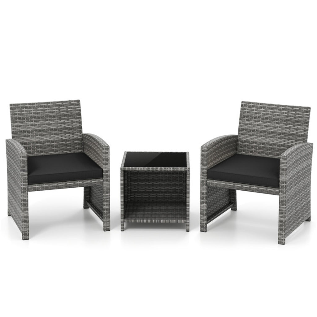 Black 3 Pieces Patio Furniture Set with Tempered Glass Coffee