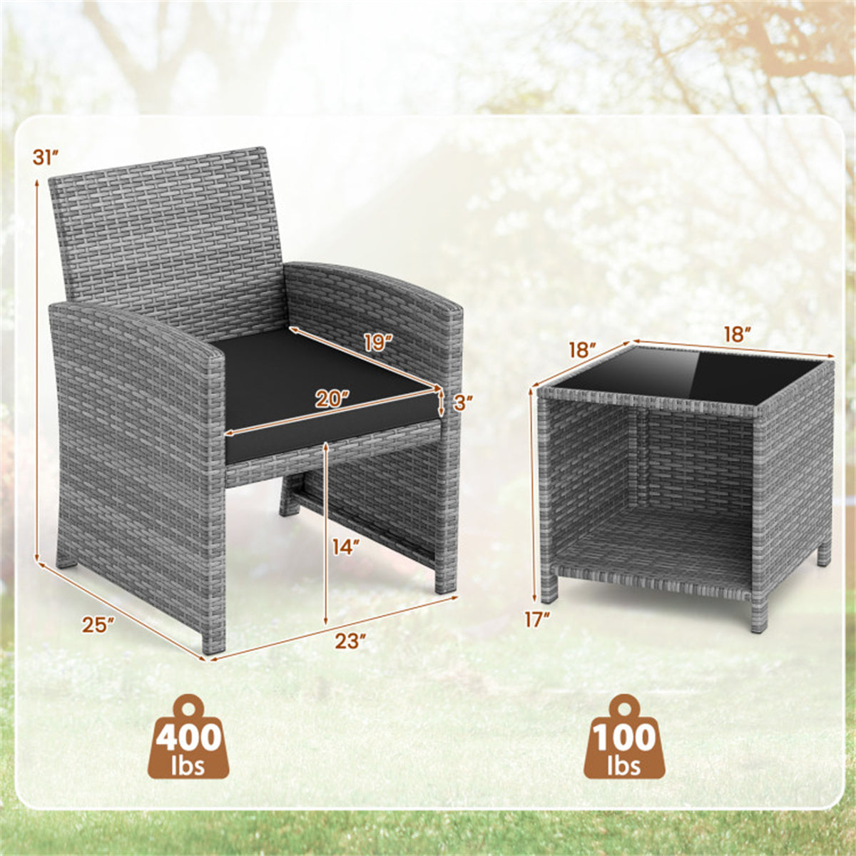 Black 3 Pieces Patio Furniture Set with Tempered Glass Coffee
