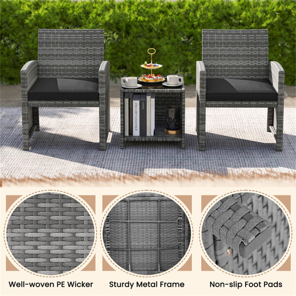 Black 3 Pieces Patio Furniture Set with Tempered Glass Coffee