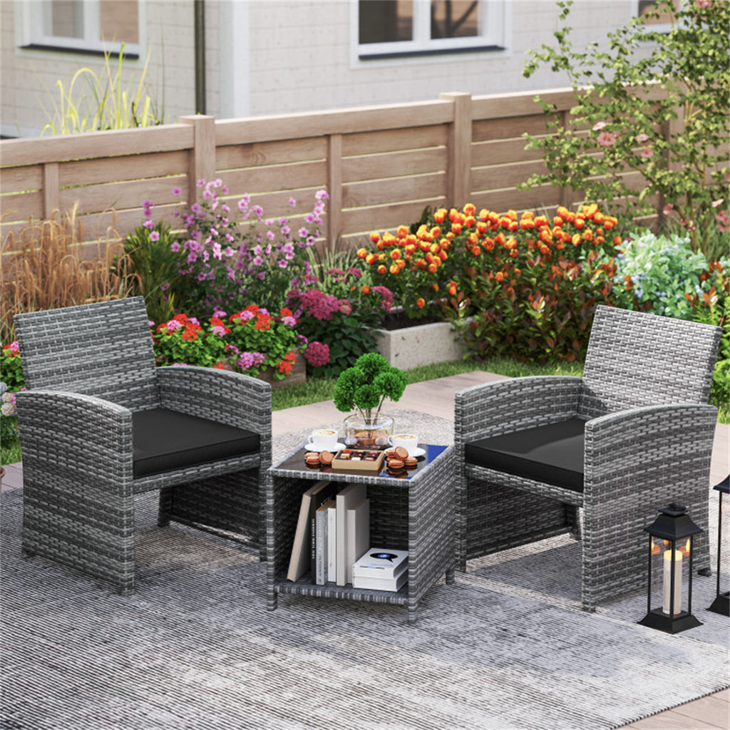 Black 3 Pieces Patio Furniture Set with Tempered Glass Coffee