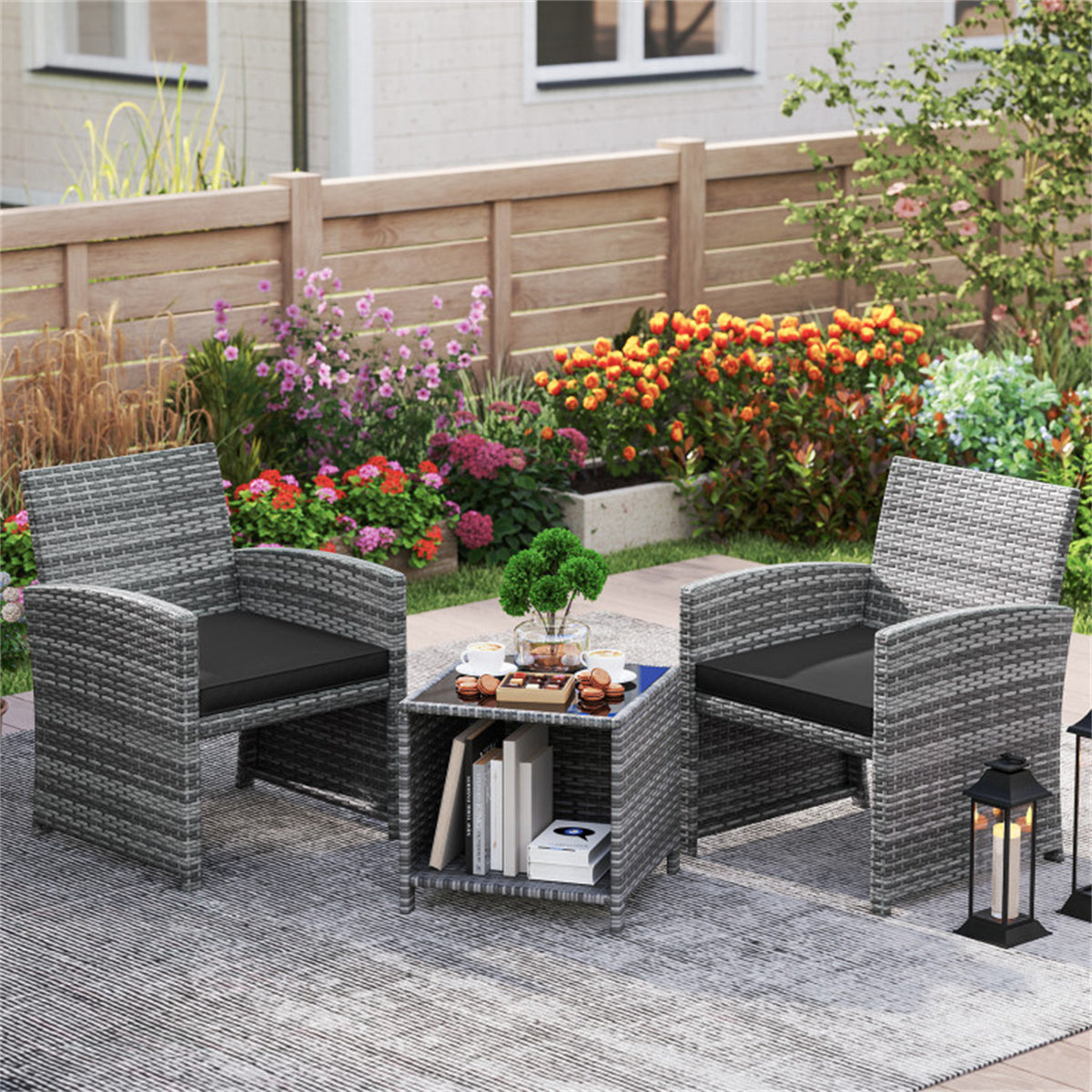 Black 3 Pieces Patio Furniture Set with Tempered Glass Coffee