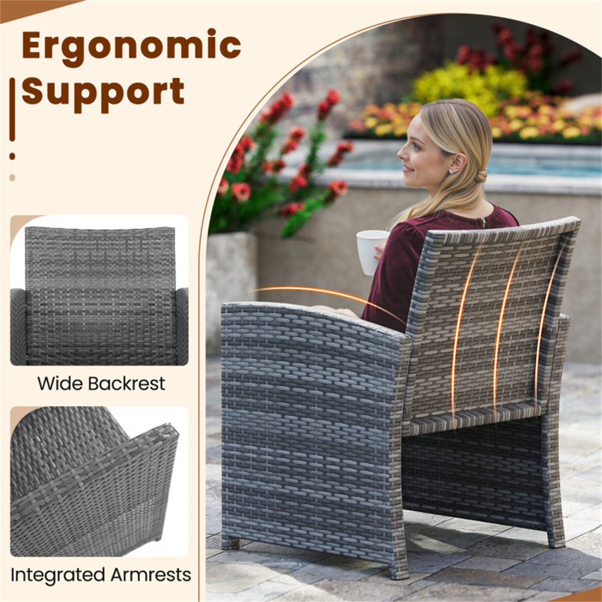 Black 3 Pieces Patio Furniture Set with Tempered Glass Coffee