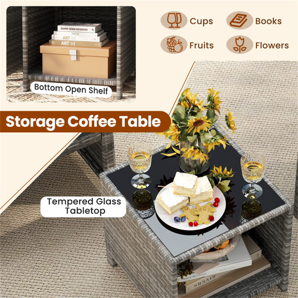 Black 3 Pieces Patio Furniture Set with Tempered Glass Coffee