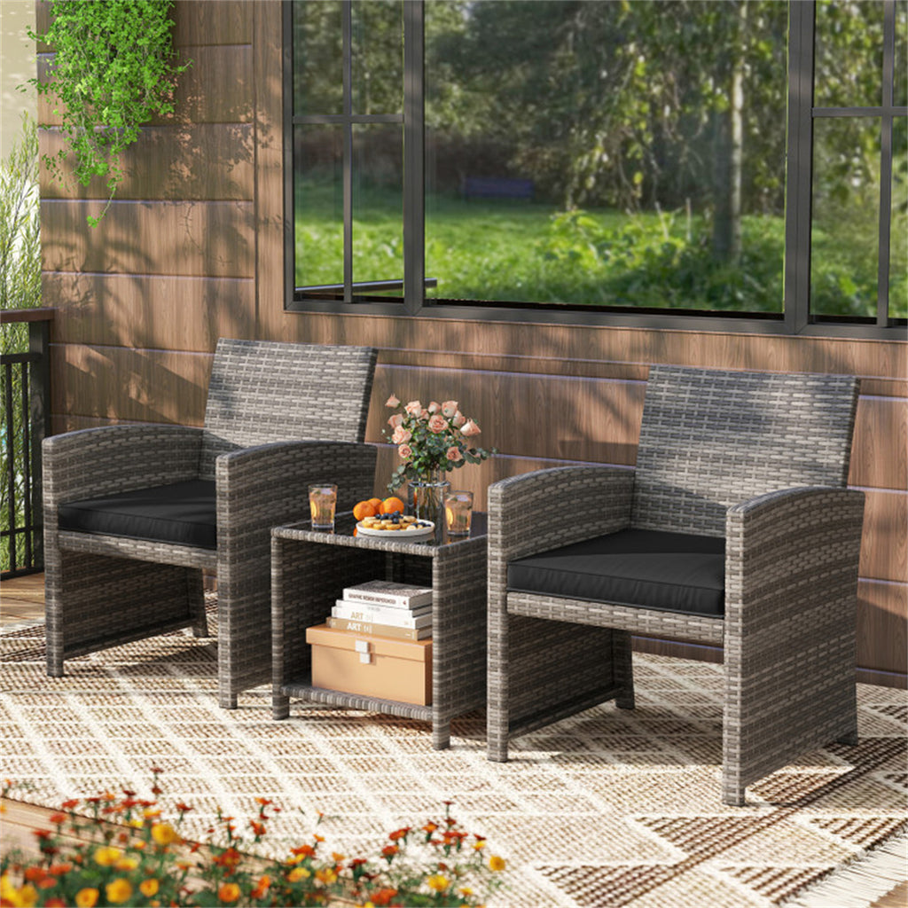 Black 3 Pieces Patio Furniture Set with Tempered Glass Coffee