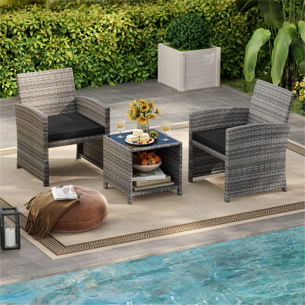 Black 3 Pieces Patio Furniture Set with Tempered Glass Coffee