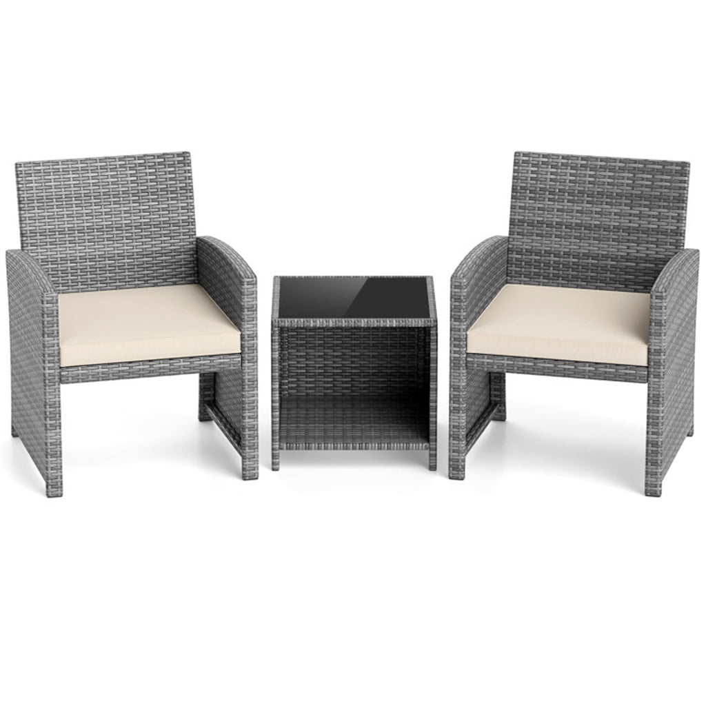 White 3 Pieces Patio Furniture Set with Tempered Glass Coffee